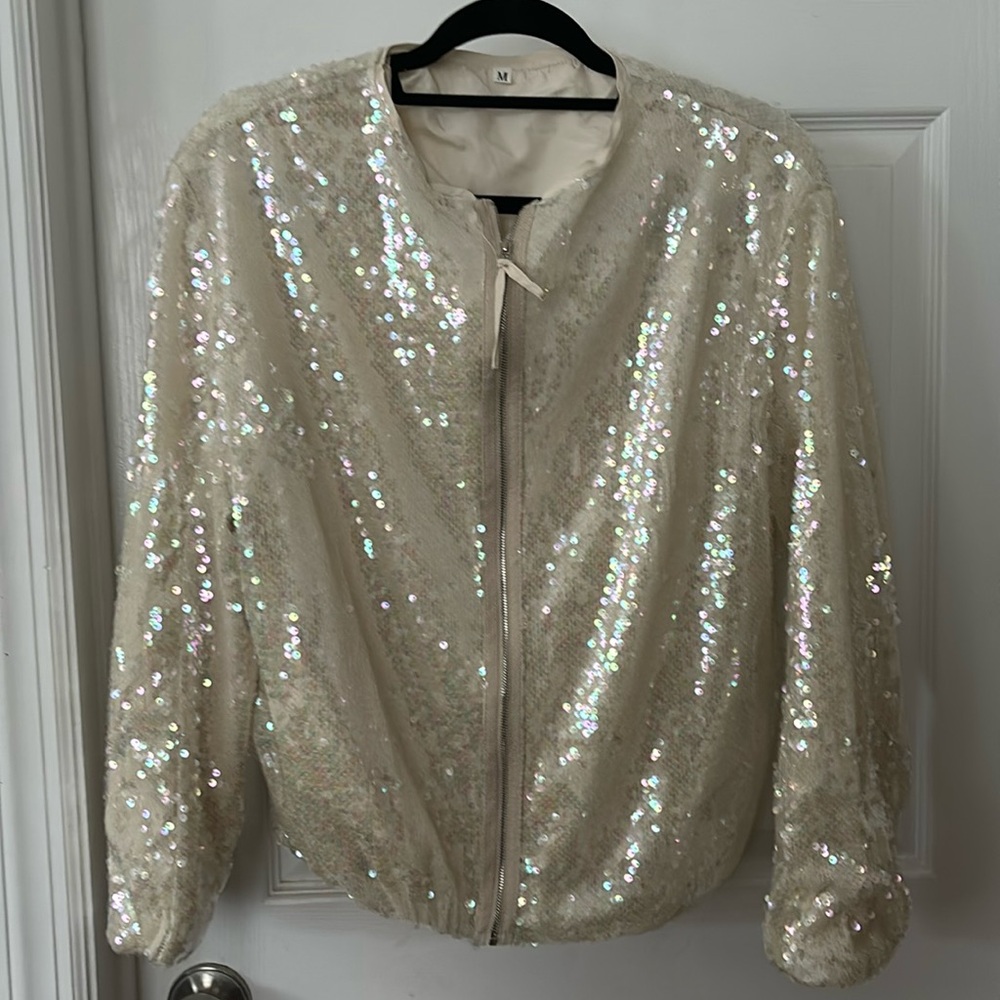 white-Ivory sequined bomber jacket